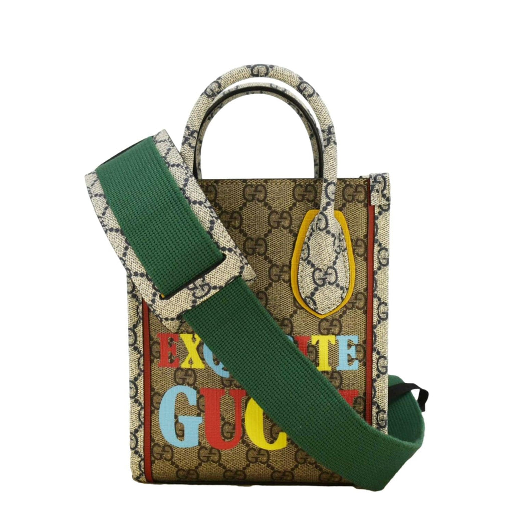GUCCI Exquisite Mini Gucci Supreme Canvas Vertical Tote Shoulder Bag Beige