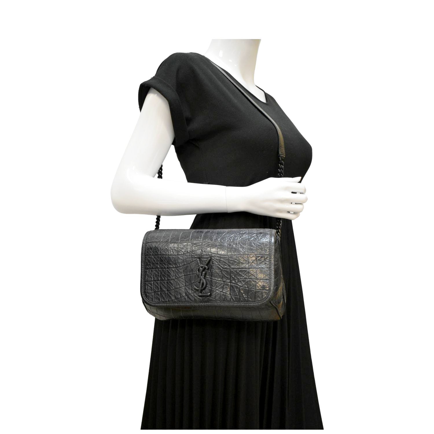 YVES SAINT LAURENT Niki Baby Crocodile Leather Chain Shoulder Bag Black