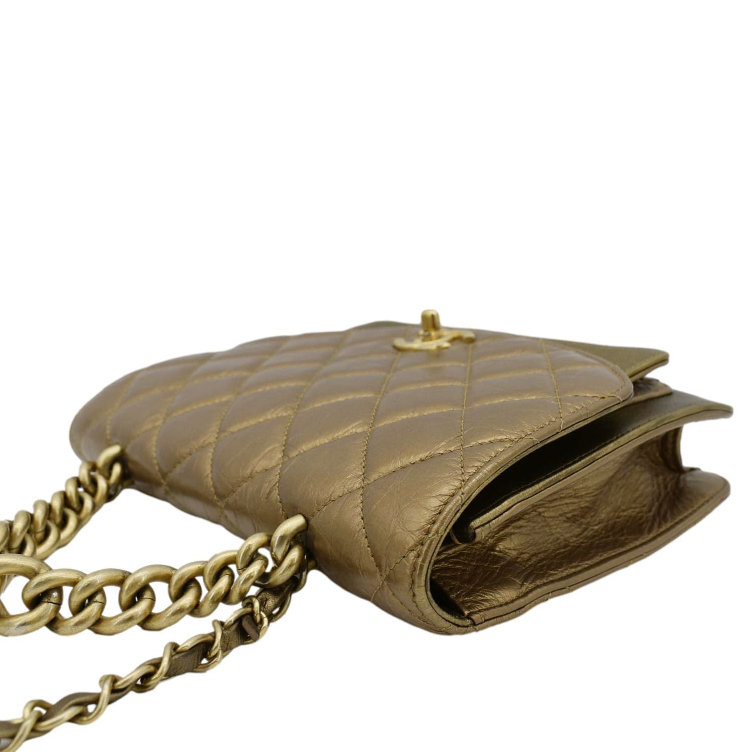 Chanel Chain Handle Flap Quilted Metallic Calfskin Caviar Crossbody Bag Chrome
