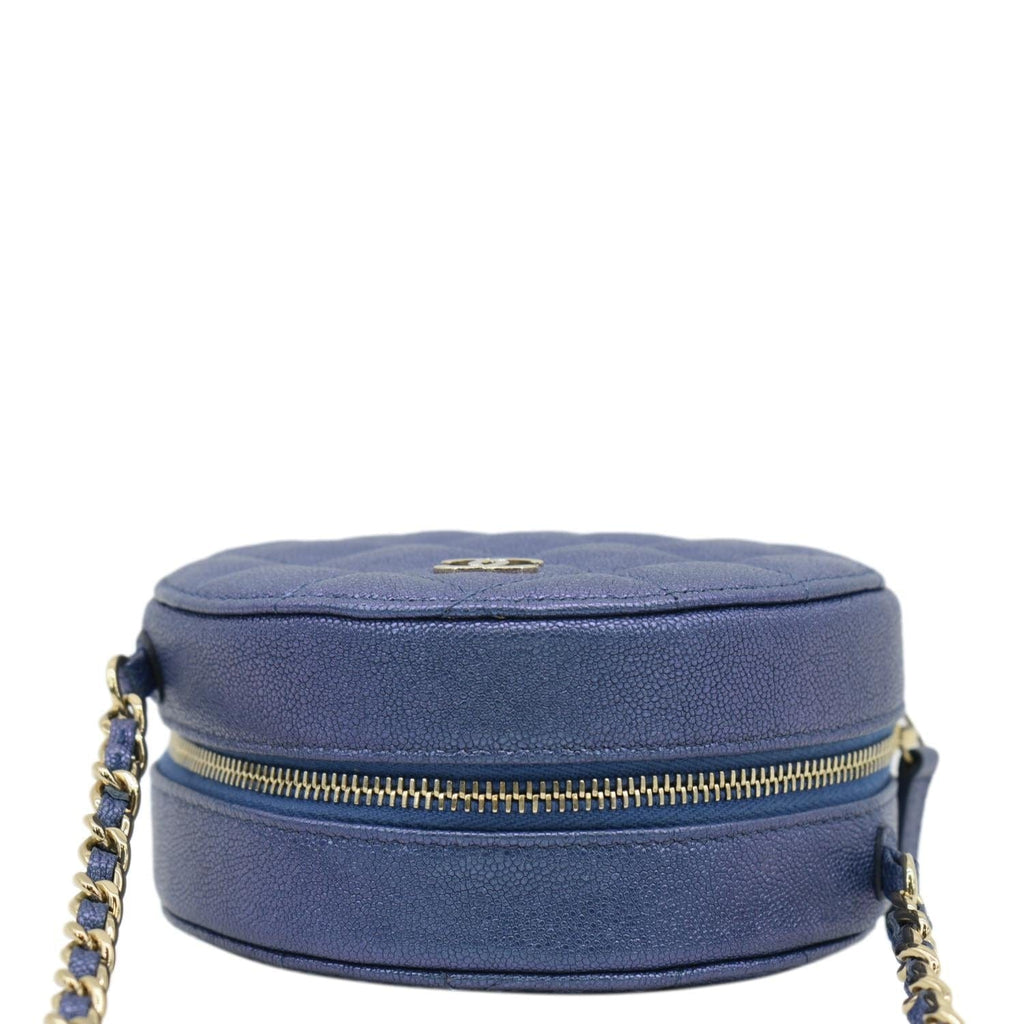 Chanel Round Clutch with Chain Mini Quilted Iridescent Caviar Leather Crossbody Bag Shiny Blue