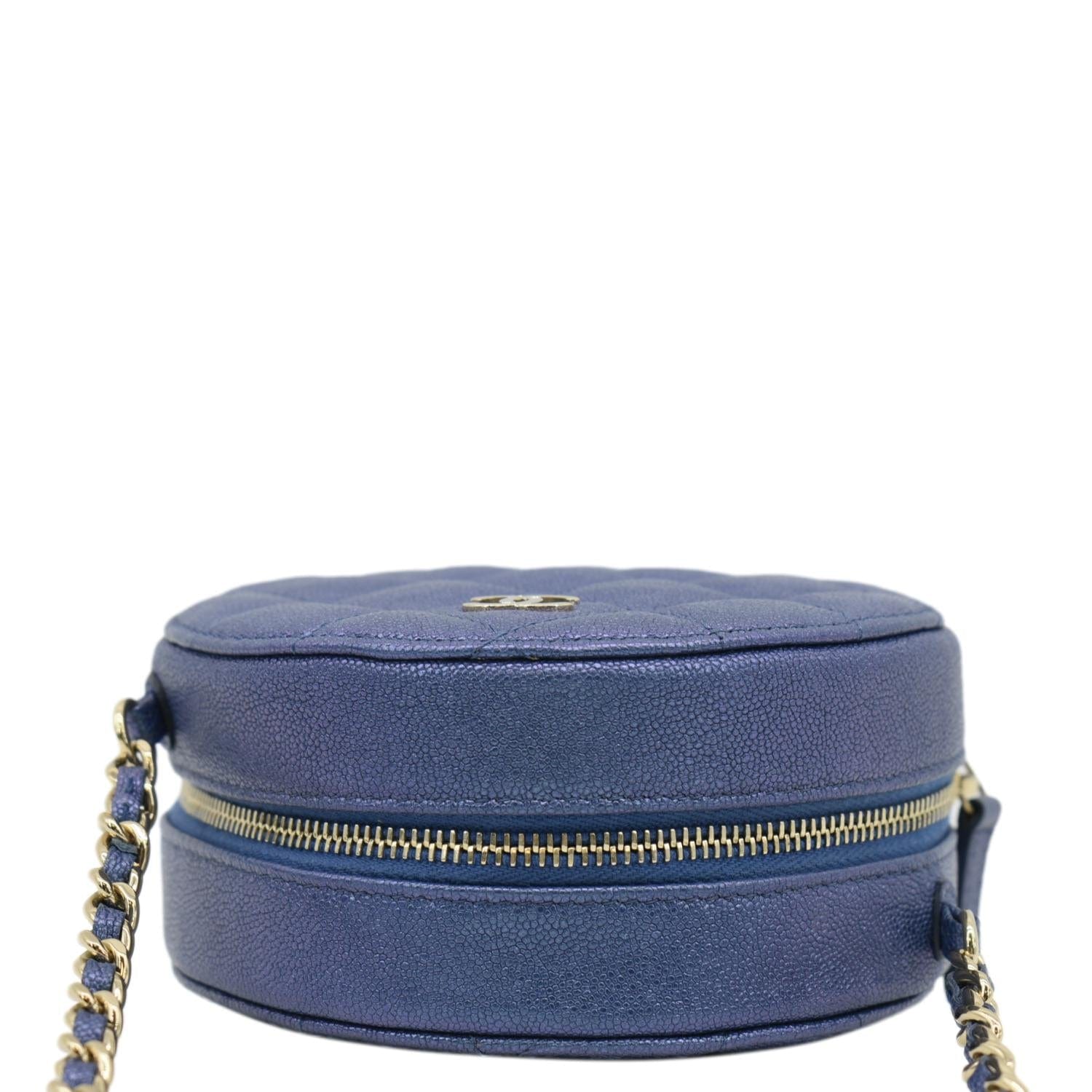 Chanel Round Clutch with Chain Mini Quilted Iridescent Caviar Leather Crossbody Bag Shiny Blue