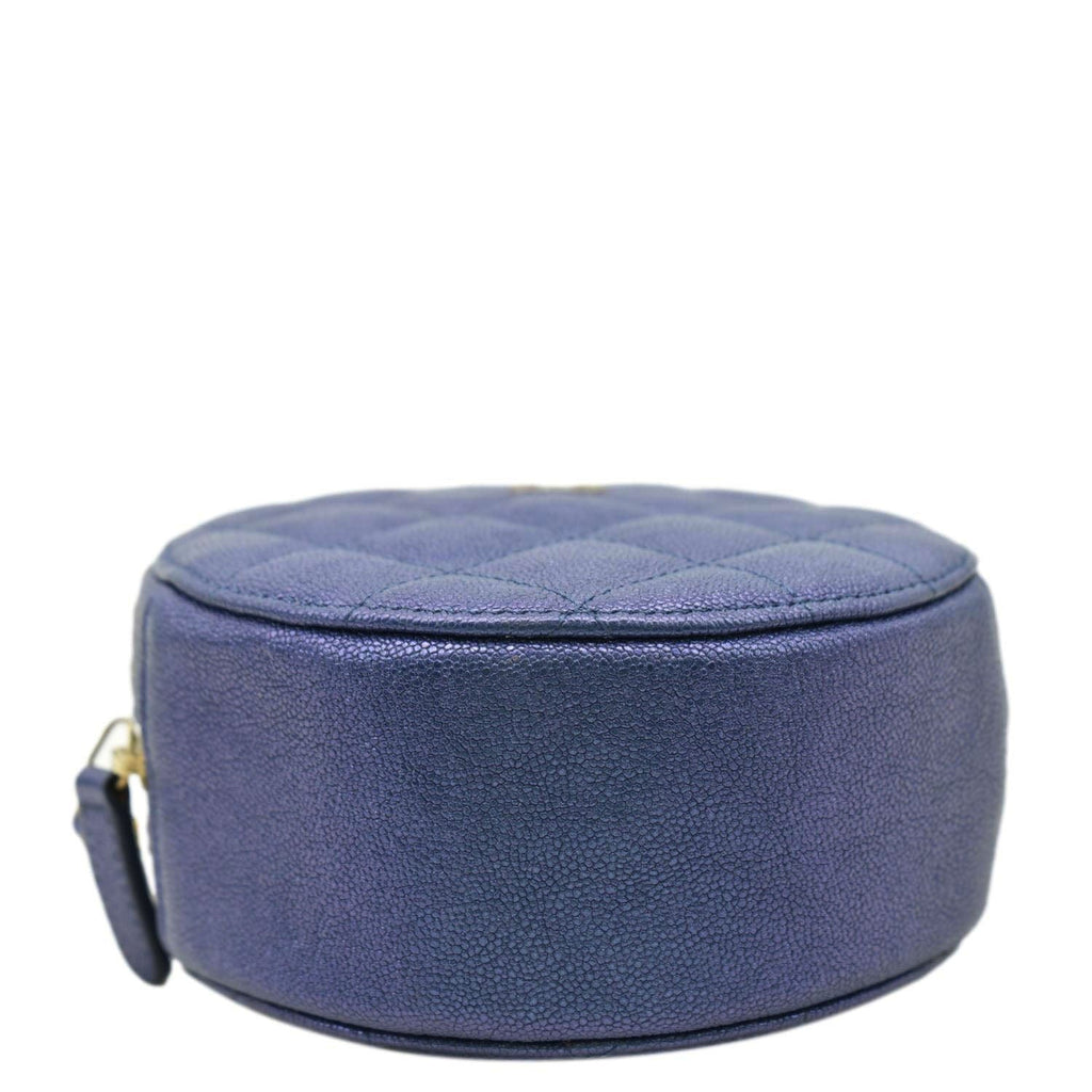 Chanel Round Clutch with Chain Mini Quilted Iridescent Caviar Leather Crossbody Bag Shiny Blue