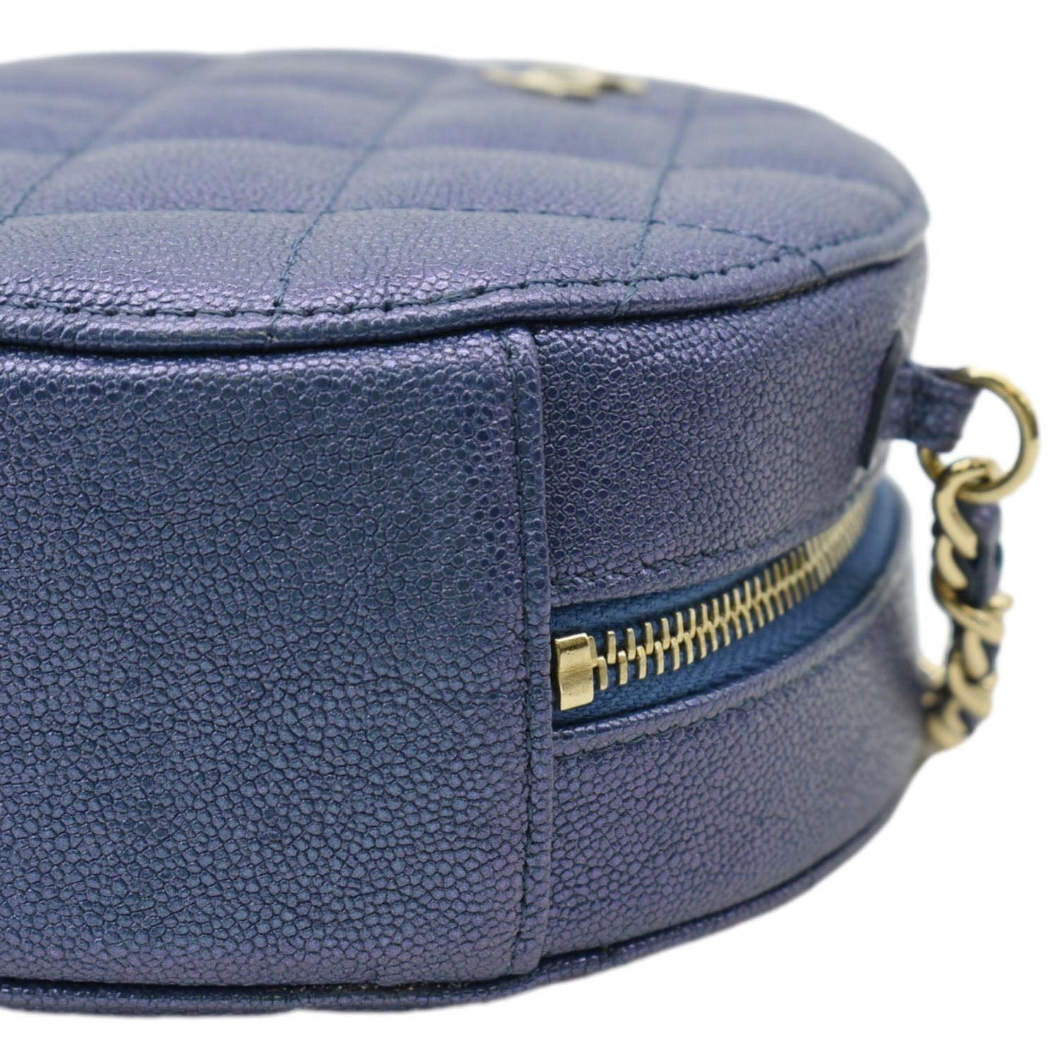 Chanel Round Clutch with Chain Mini Quilted Iridescent Caviar Leather Crossbody Bag Shiny Blue