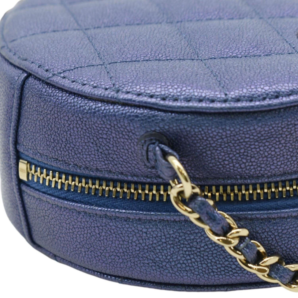 Chanel Round Clutch with Chain Mini Quilted Iridescent Caviar Leather Crossbody Bag Shiny Blue