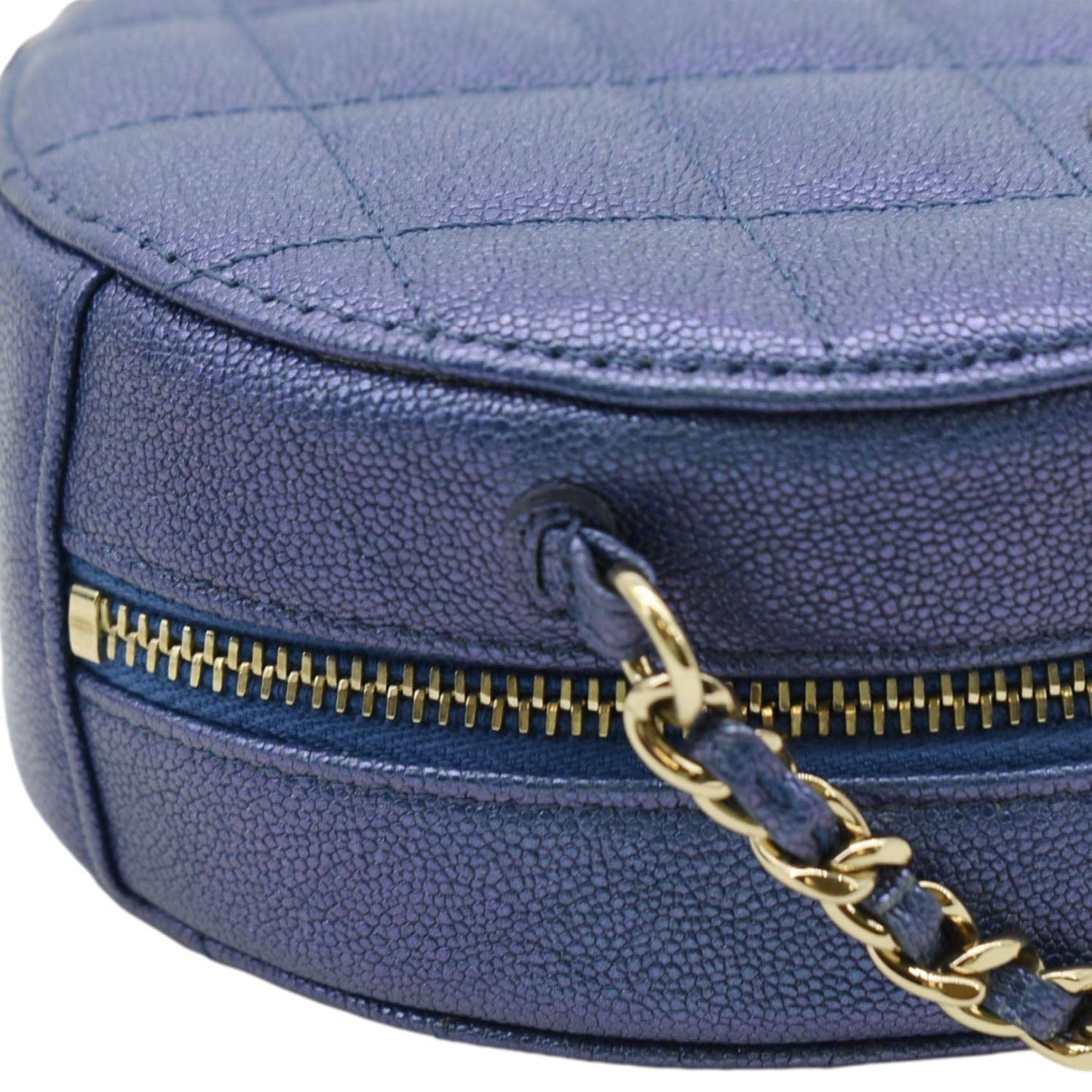 Chanel Round Clutch with Chain Mini Quilted Iridescent Caviar Leather Crossbody Bag Shiny Blue