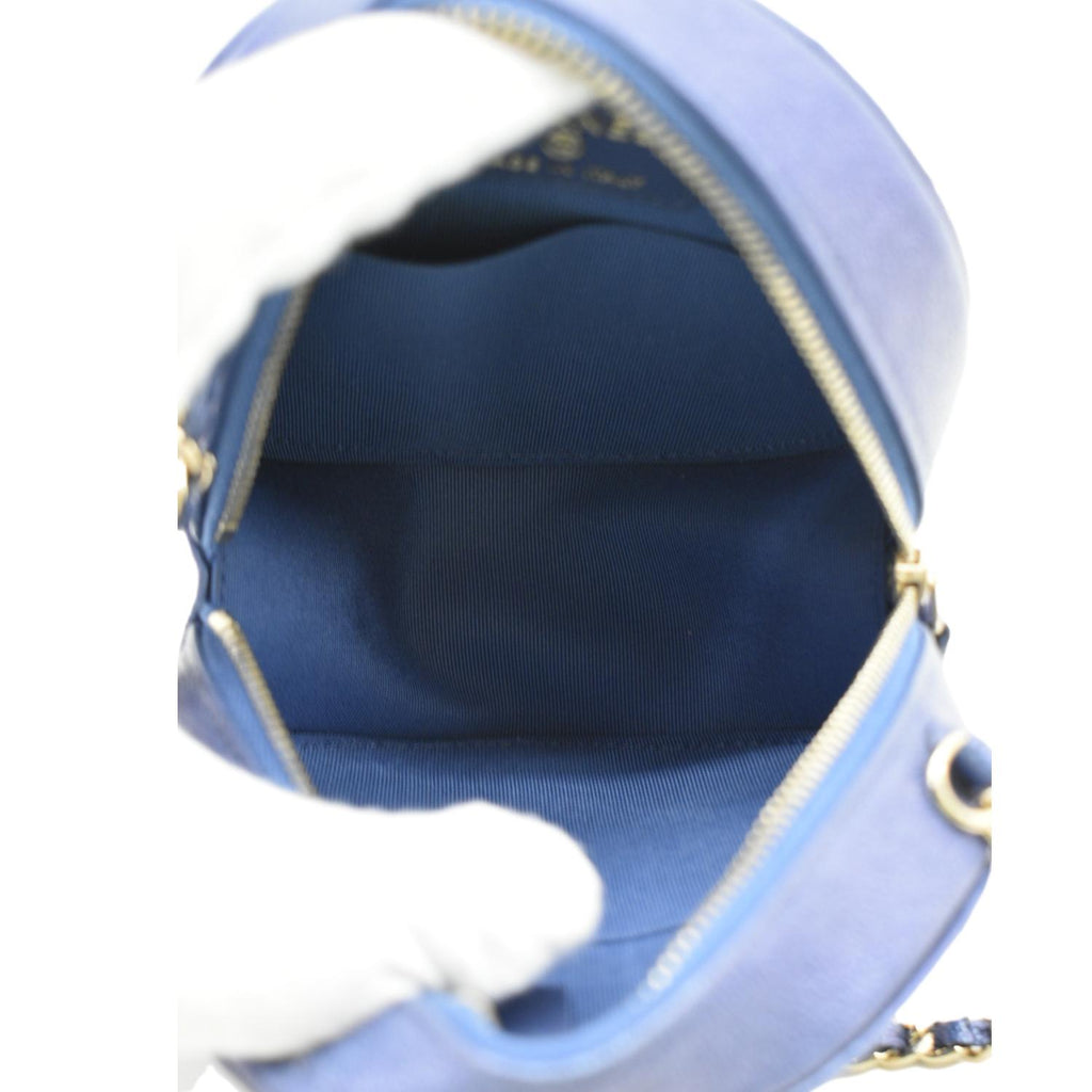 Chanel Round Clutch with Chain Mini Quilted Iridescent Caviar Leather Crossbody Bag Shiny Blue