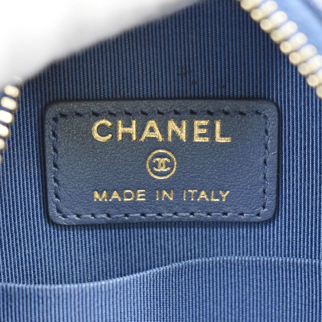 Chanel Round Clutch with Chain Mini Quilted Iridescent Caviar Leather Crossbody Bag Shiny Blue