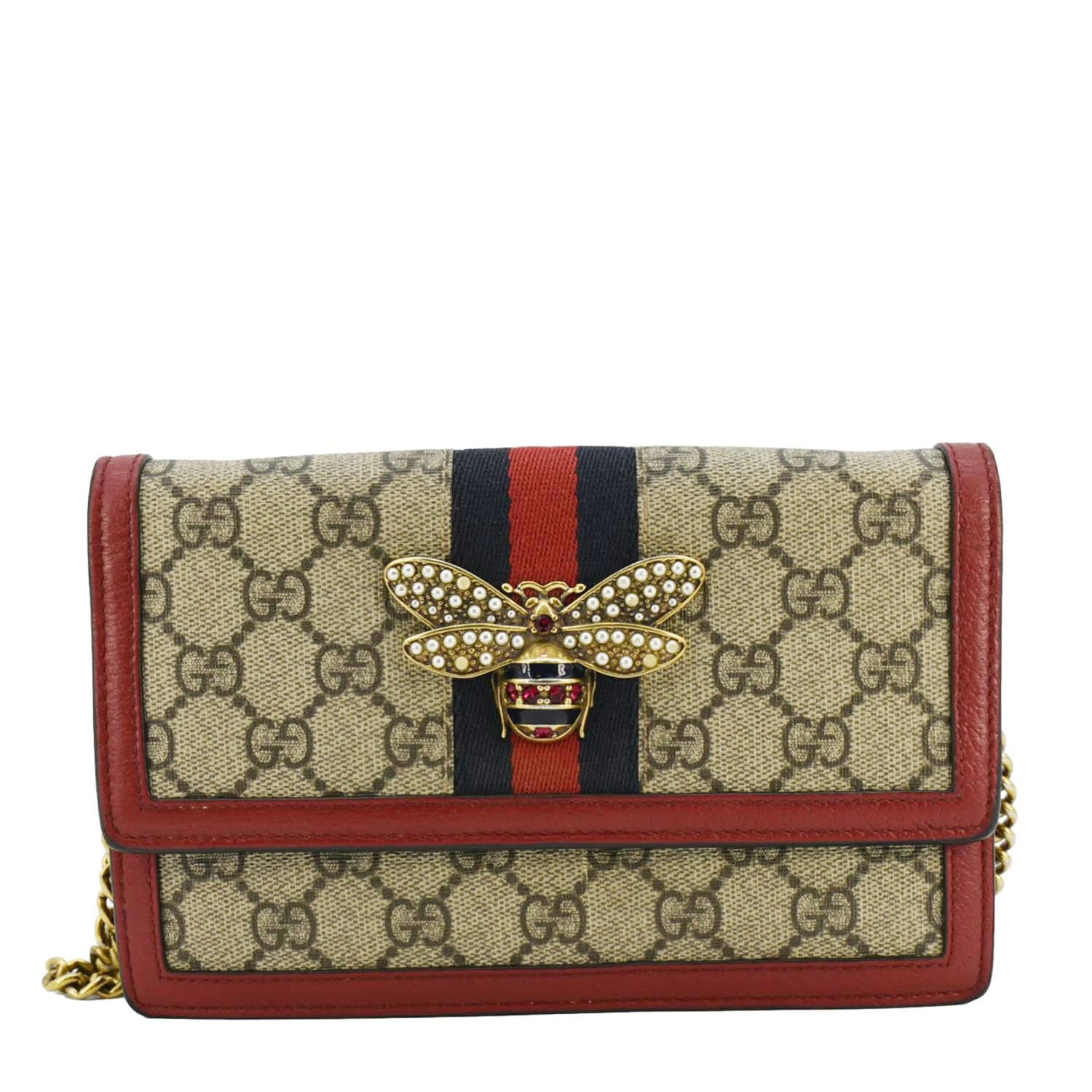 GUCCI Web Queen Margaret Mini Gucci Supreme Canvas Chain Wallet Beige 476079