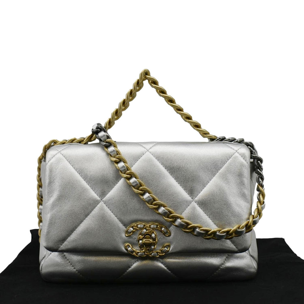 Chanel 19 Medium Flap Quilted Leather Shoulder Bag Metallic Silver