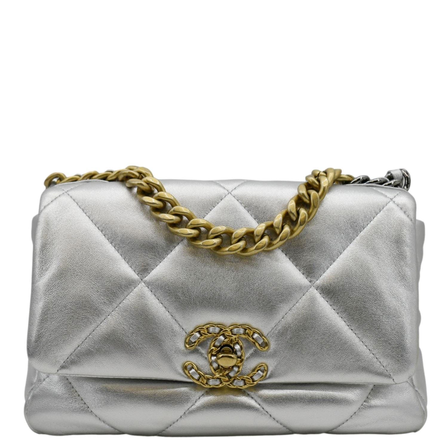 Chanel 19 Medium Flap Quilted Leather Shoulder Bag Metallic Silver