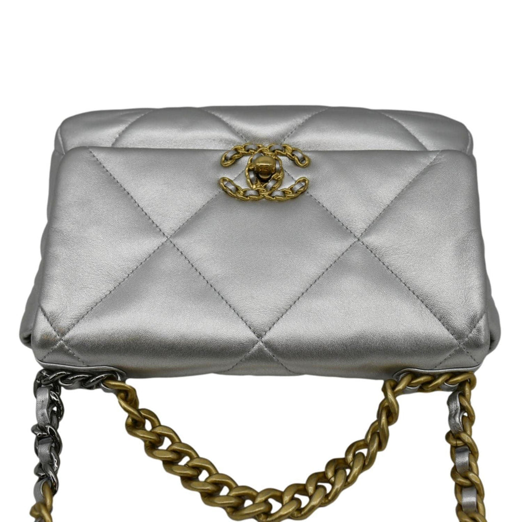 Chanel 19 Medium Flap Quilted Leather Shoulder Bag Metallic Silver