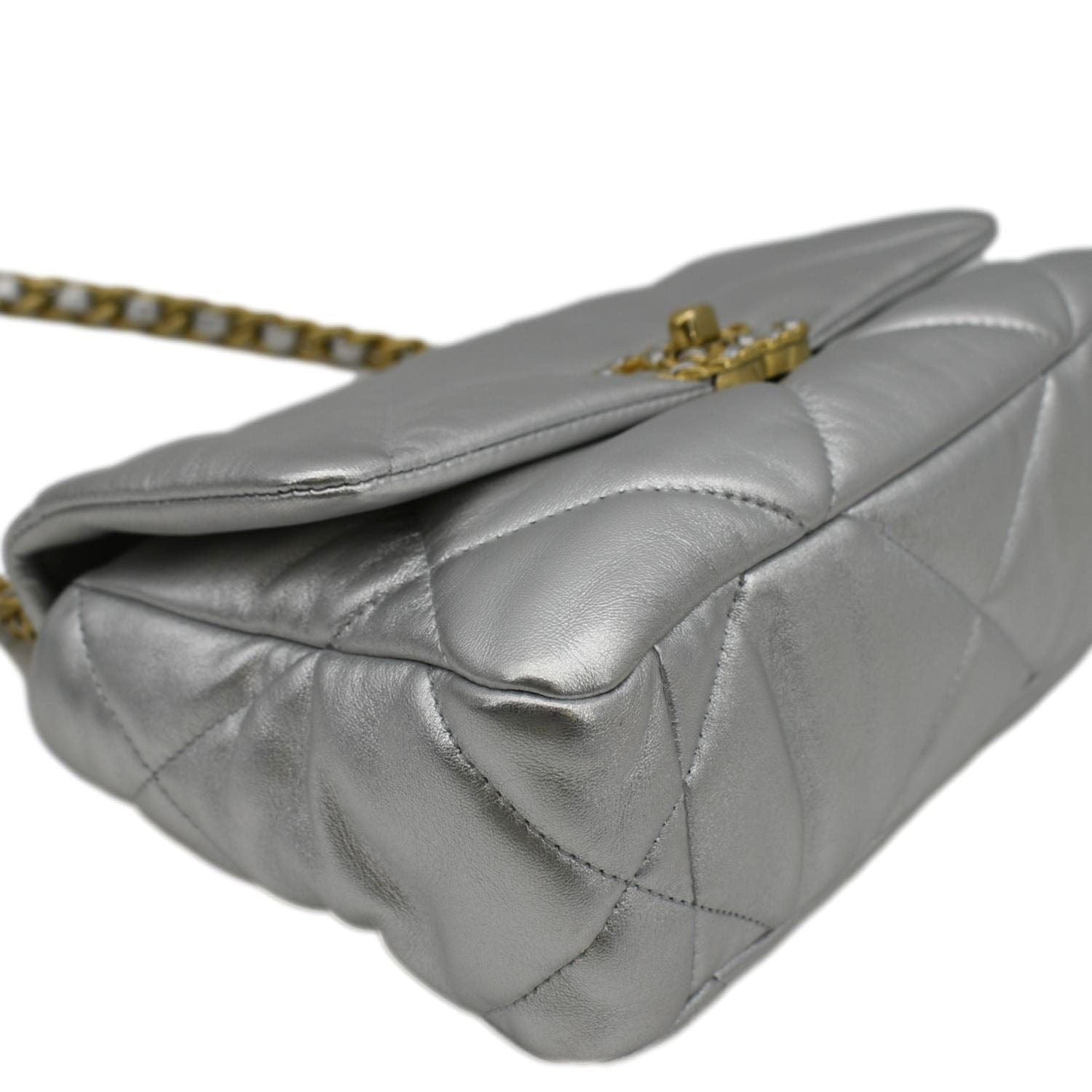 Chanel 19 Medium Flap Quilted Leather Shoulder Bag Metallic Silver