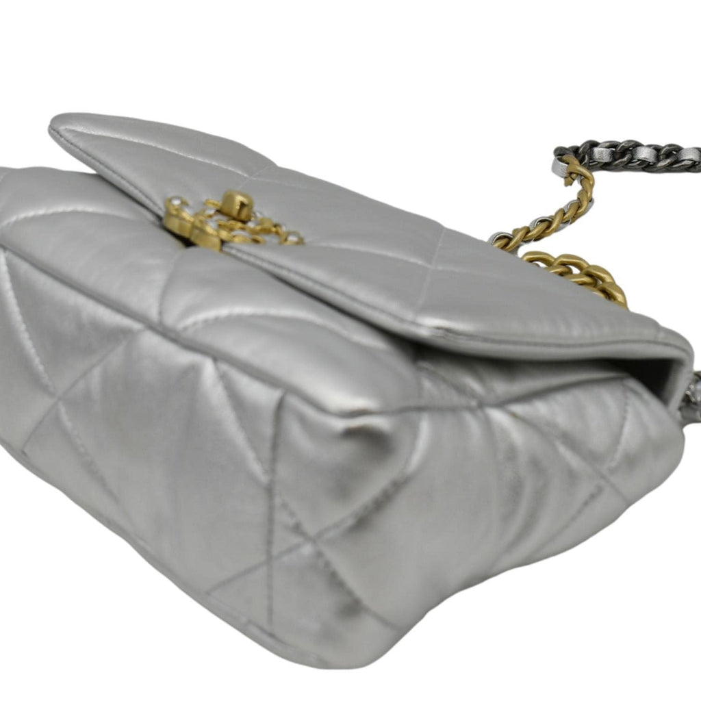 Chanel 19 Medium Flap Quilted Leather Shoulder Bag Metallic Silver