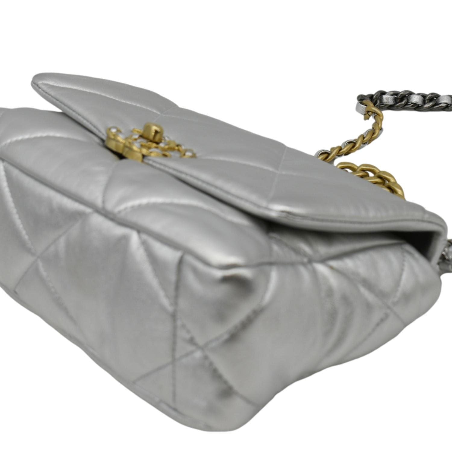 Chanel 19 Medium Flap Quilted Leather Shoulder Bag Metallic Silver