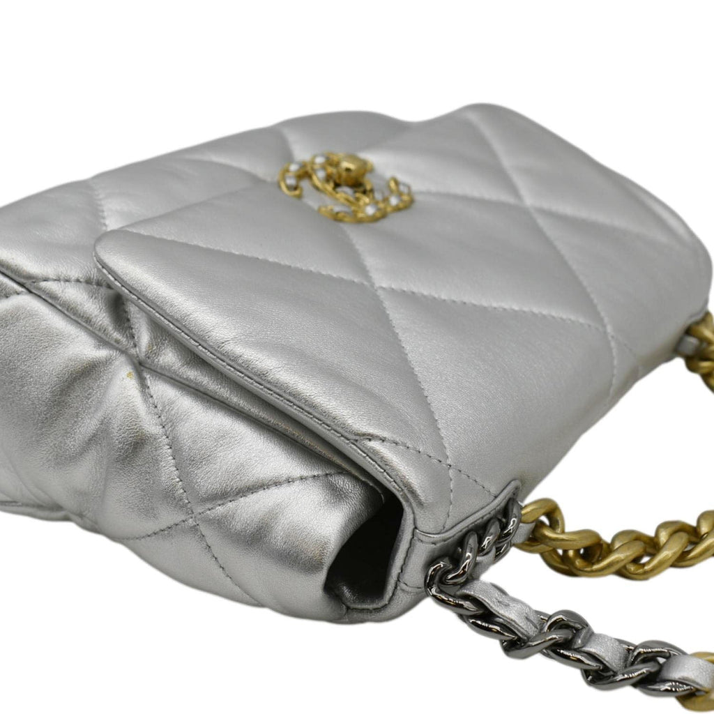 Chanel 19 Medium Flap Quilted Leather Shoulder Bag Metallic Silver