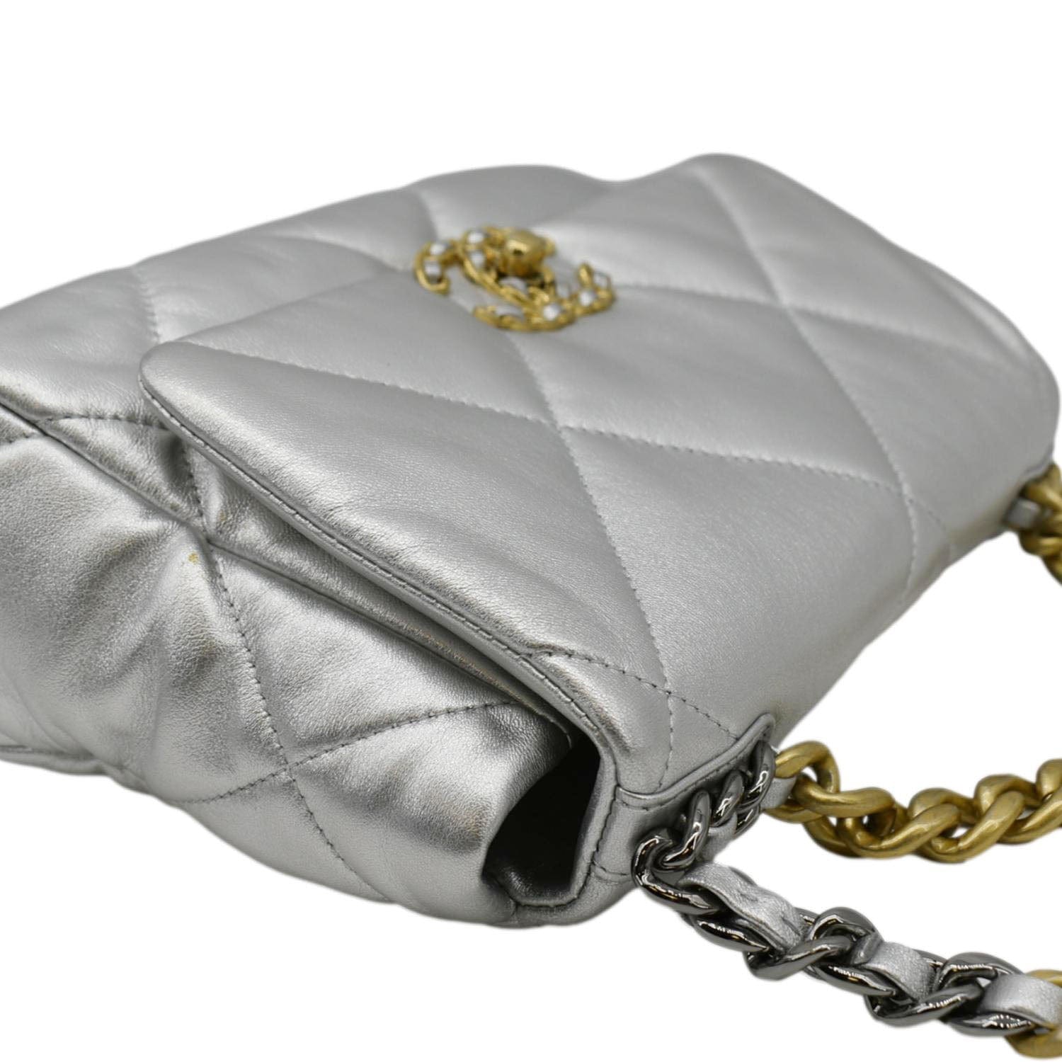 Chanel 19 Medium Flap Quilted Leather Shoulder Bag Metallic Silver