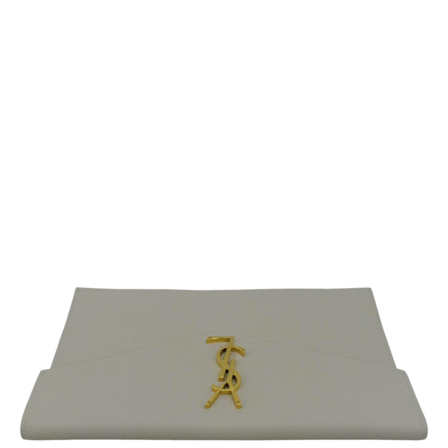 YVES SAINT LAURENT Uptown Envelope Grain De Poudre Leather Clutch Light Grey
