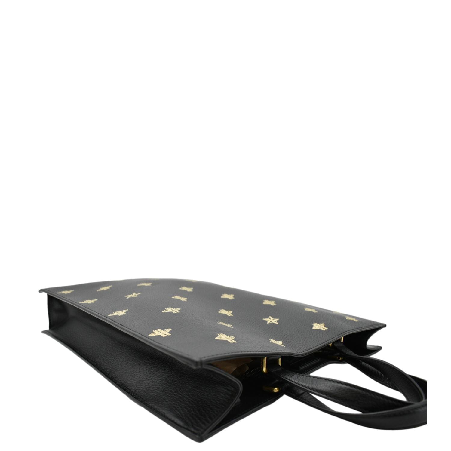 GUCCI Bee Star Grained Calfskin Leather Vertical Tote Black 495444