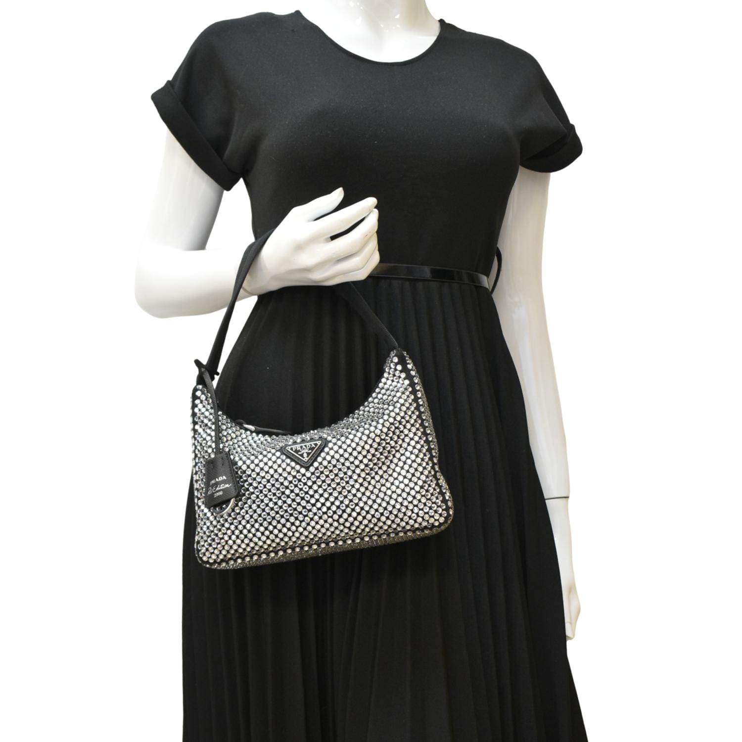 PRADA Mini Re-Edition 2000 Crystal Embellished Satin Tote Bag Black