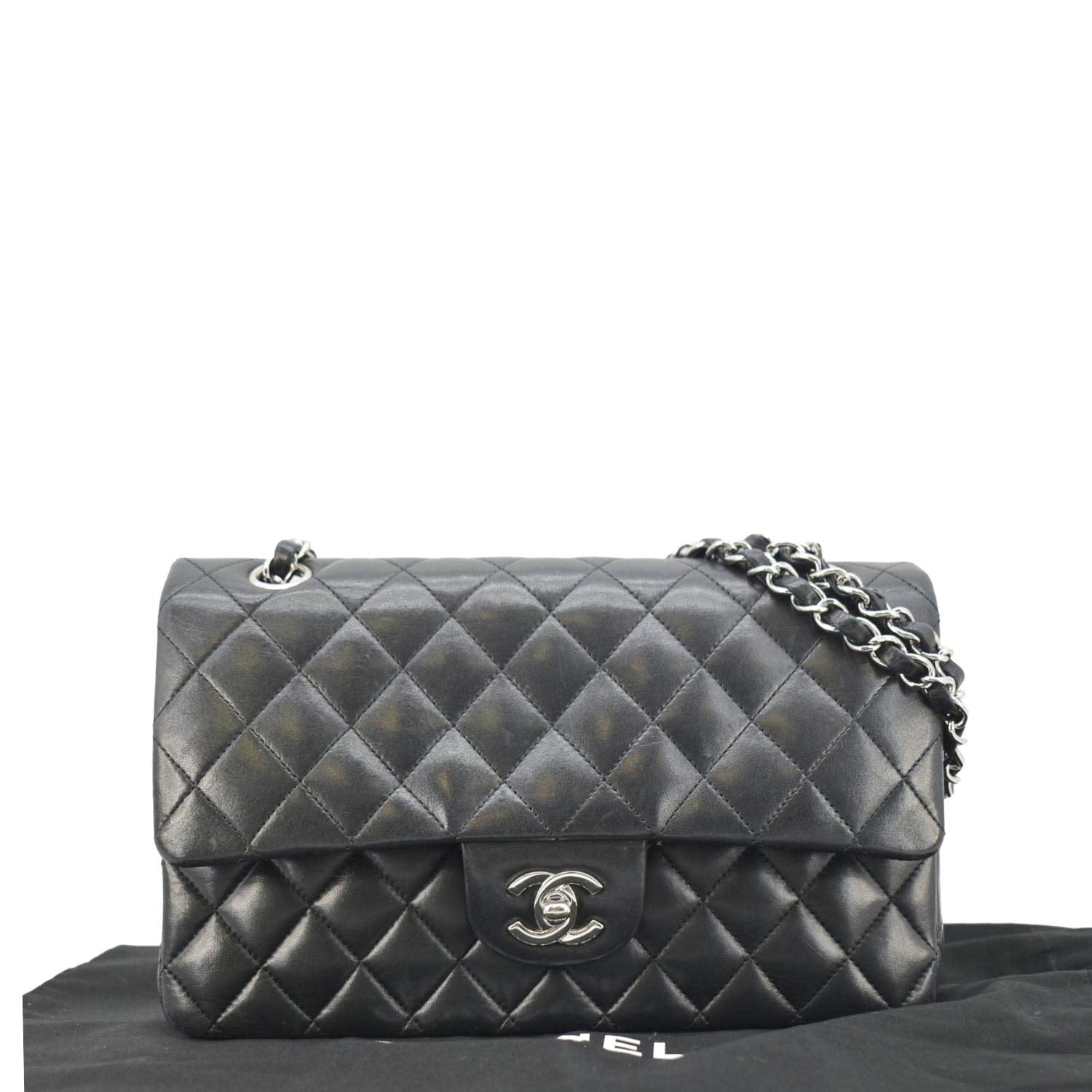 Chanel Medium Double Flap Lambskin Leather Shoulder Bag Black