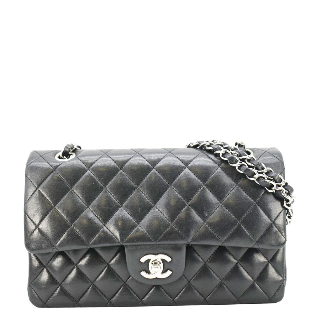 Chanel Medium Double Flap Lambskin Leather Shoulder Bag Black