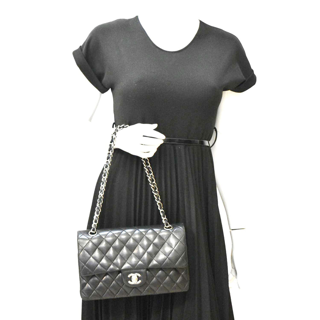 Chanel Medium Double Flap Lambskin Leather Shoulder Bag Black