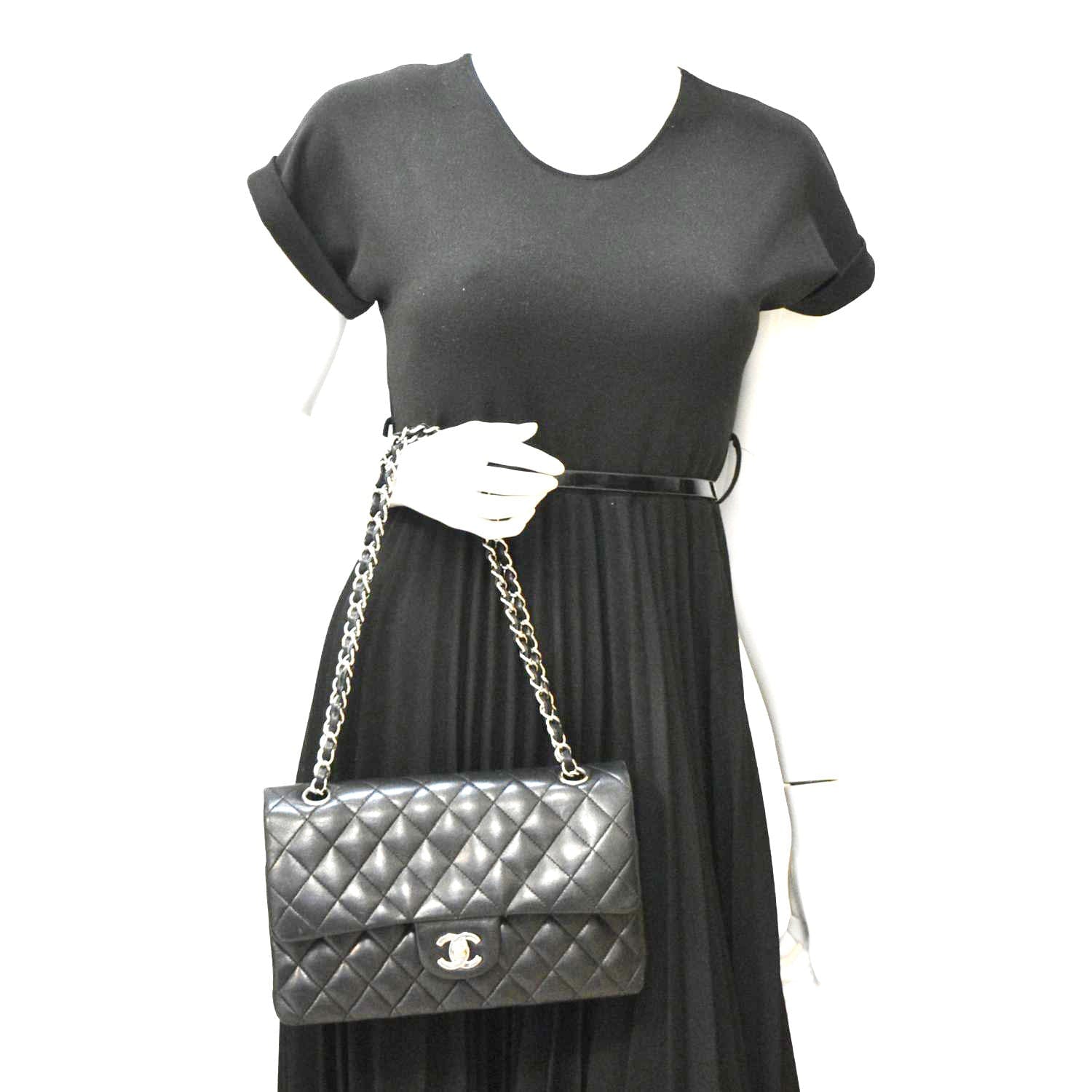Chanel Medium Double Flap Lambskin Leather Shoulder Bag Black