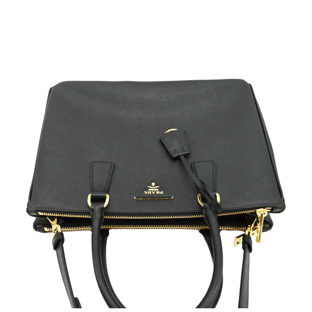 PRADA Galleria Double Zip Saffiano Leather Top Handle Tote Bag Black