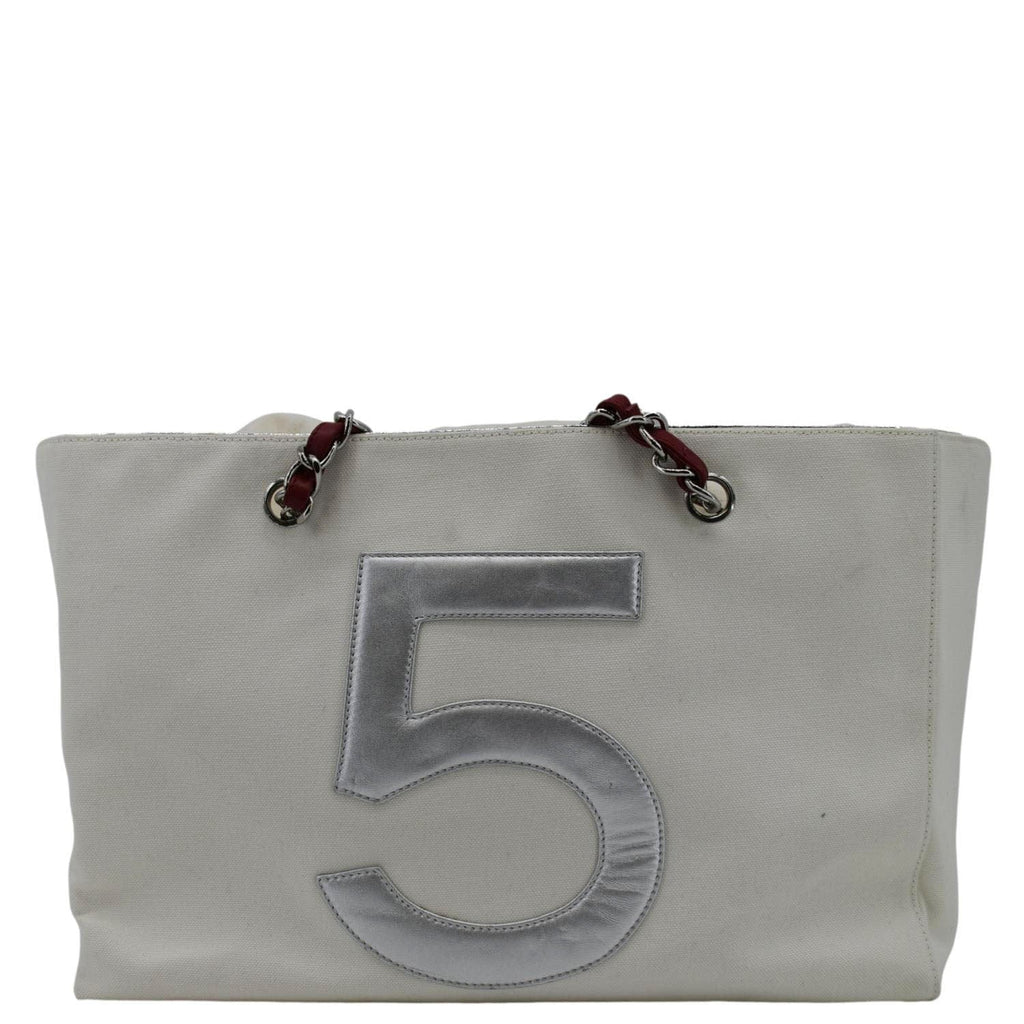 Chanel Foil No.5 Canvas Chain Shopping Tote Bag White