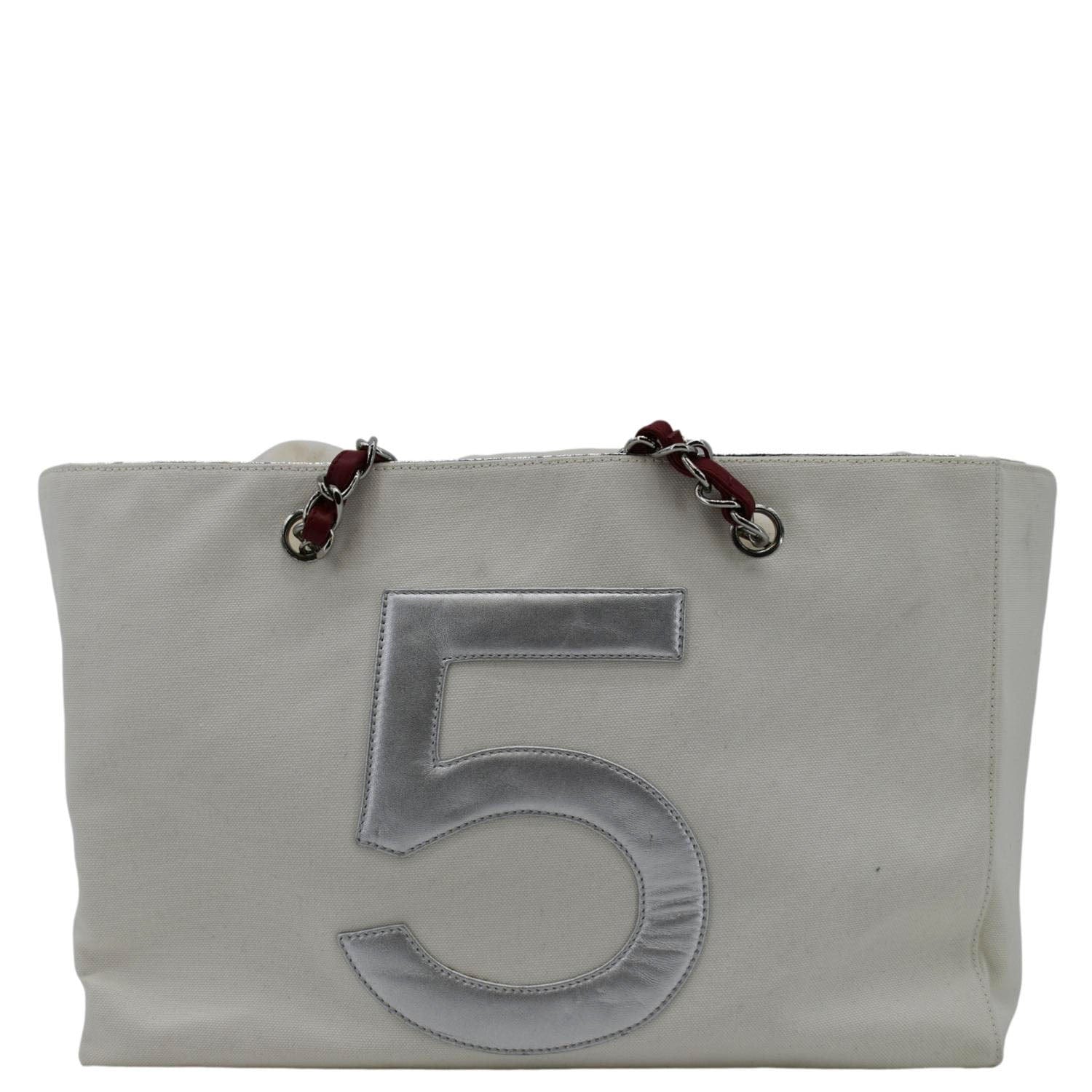 Chanel Foil No.5 Canvas Chain Shopping Tote Bag White