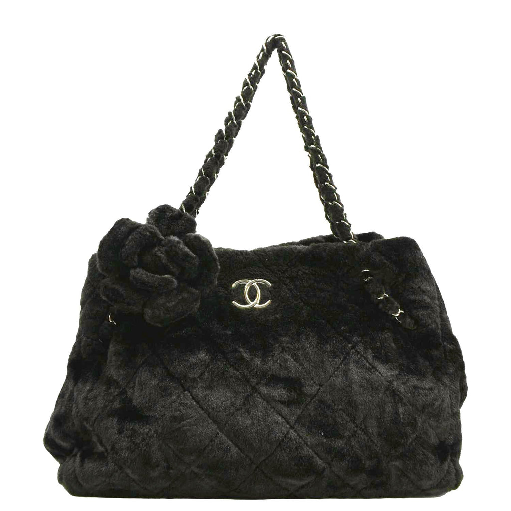 Chanel Large Camellia Fantasy Faux Fur Tote Bag Black