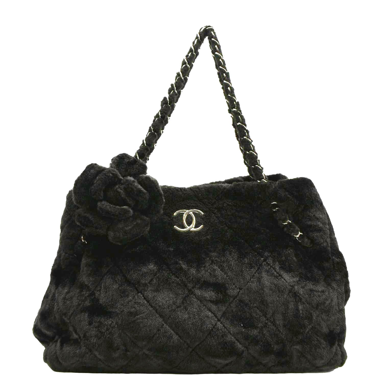 Chanel Large Camellia Fantasy Faux Fur Tote Bag Black