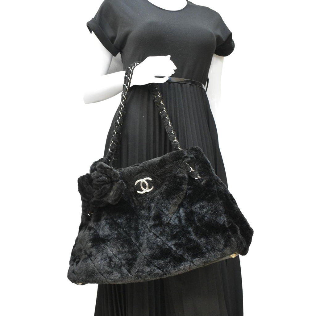 Chanel Large Camellia Fantasy Faux Fur Tote Bag Black