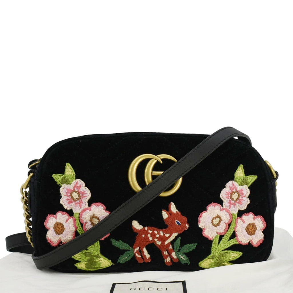 GUCCI Gucci Marmont Small Matelasse Deer Embroidered Velvet Camera Bag Black 447632