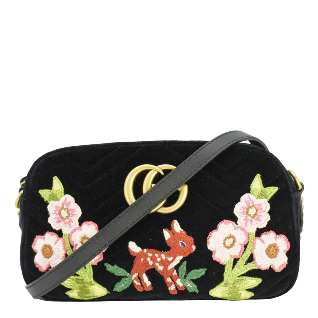 GUCCI Gucci Marmont Small Matelasse Deer Embroidered Velvet Camera Bag Black 447632
