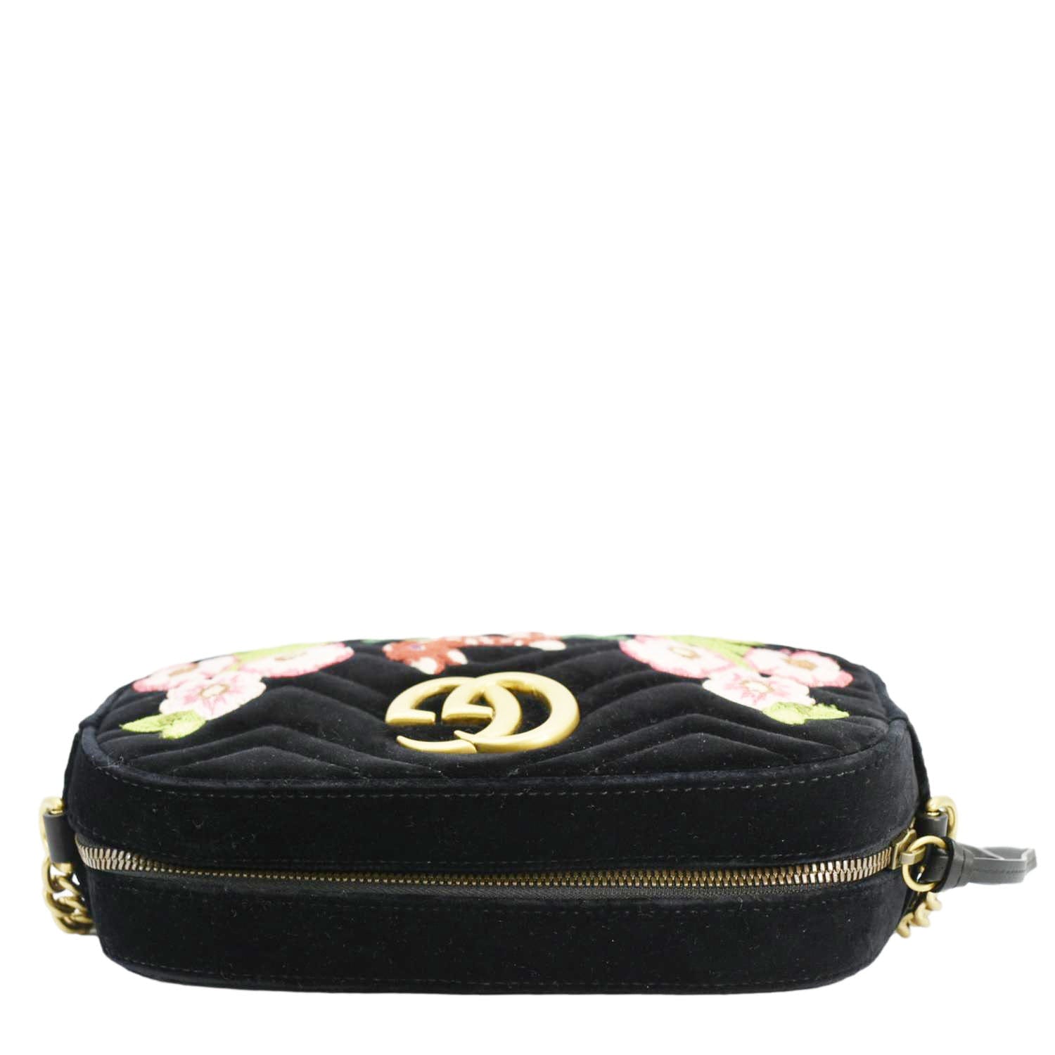 GUCCI Gucci Marmont Small Matelasse Deer Embroidered Velvet Camera Bag Black 447632
