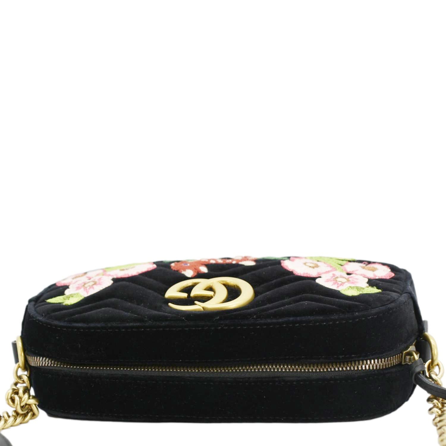 GUCCI Gucci Marmont Small Matelasse Deer Embroidered Velvet Camera Bag Black 447632