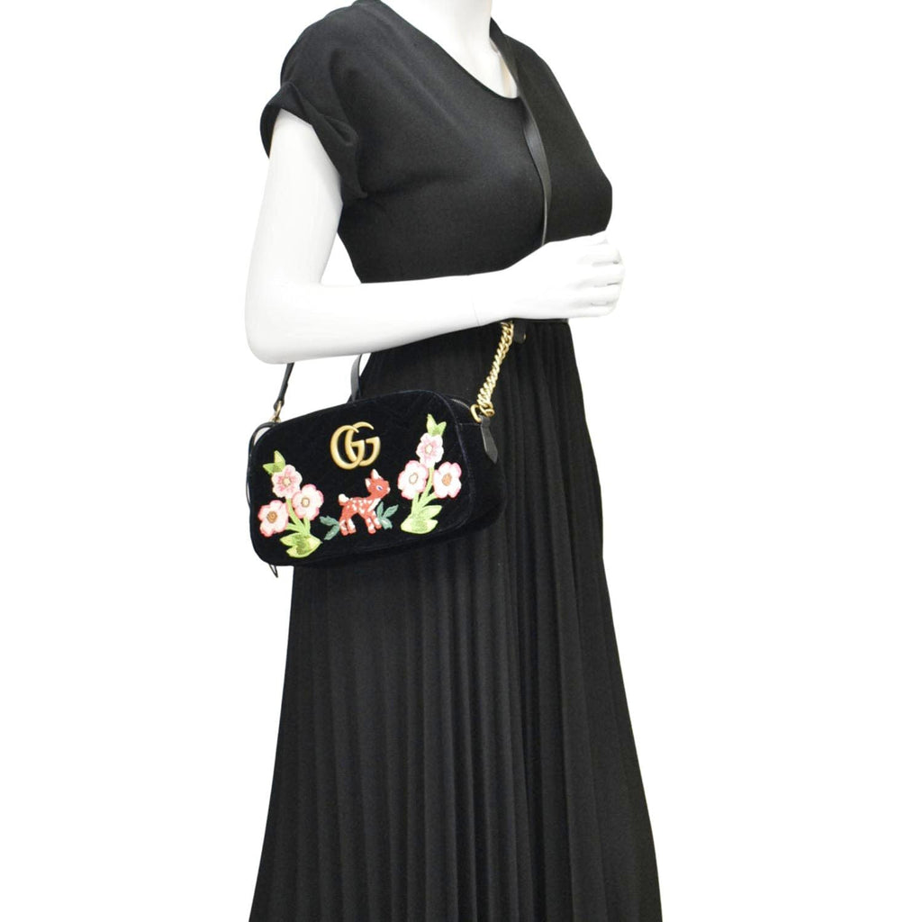 GUCCI Gucci Marmont Small Matelasse Deer Embroidered Velvet Camera Bag Black 447632