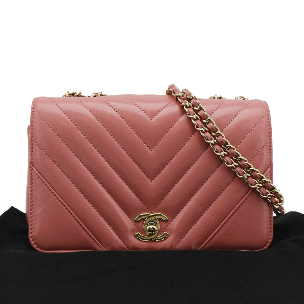 Chanel Statement Flap Mini Quilted Chevron Crossbody Bag Pink