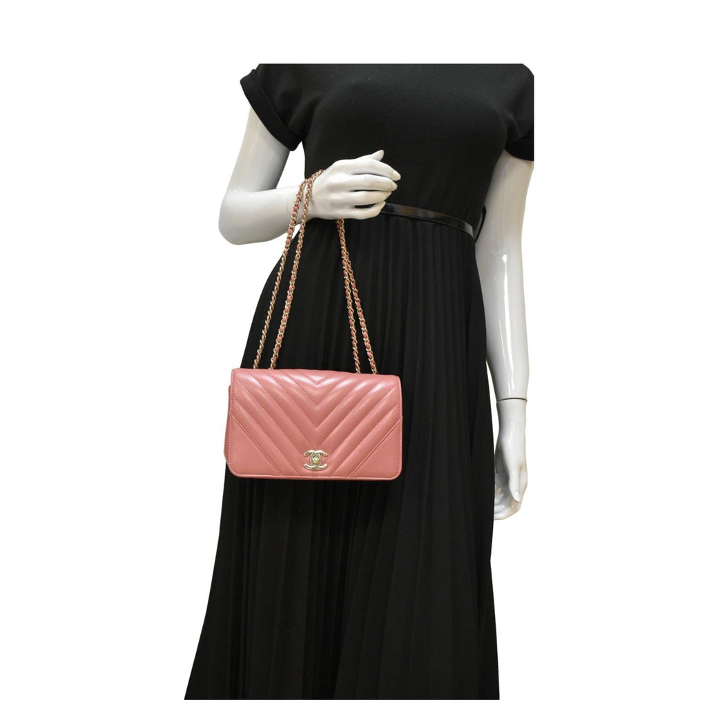 Chanel Statement Flap Mini Quilted Chevron Crossbody Bag Pink