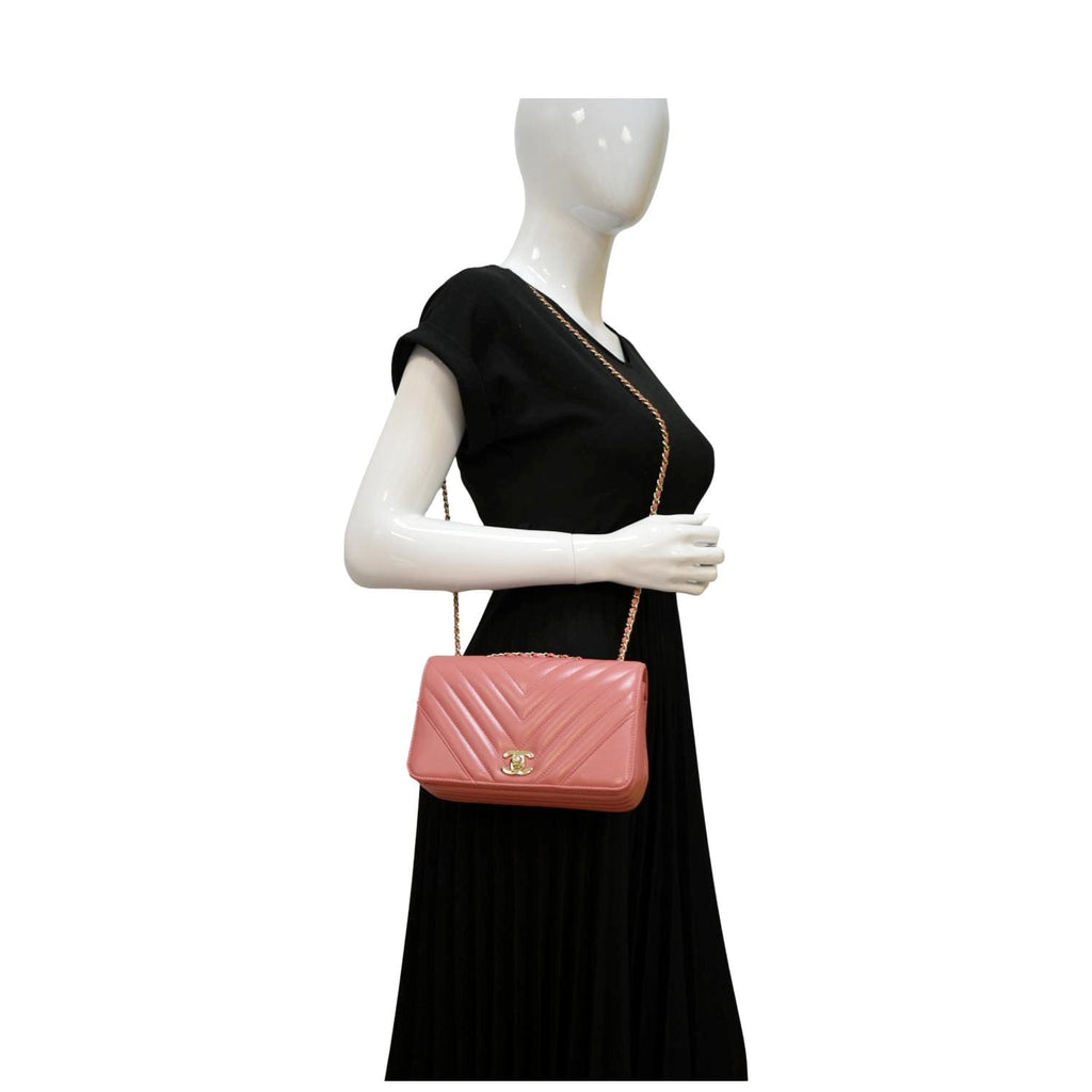 Chanel Statement Flap Mini Quilted Chevron Crossbody Bag Pink