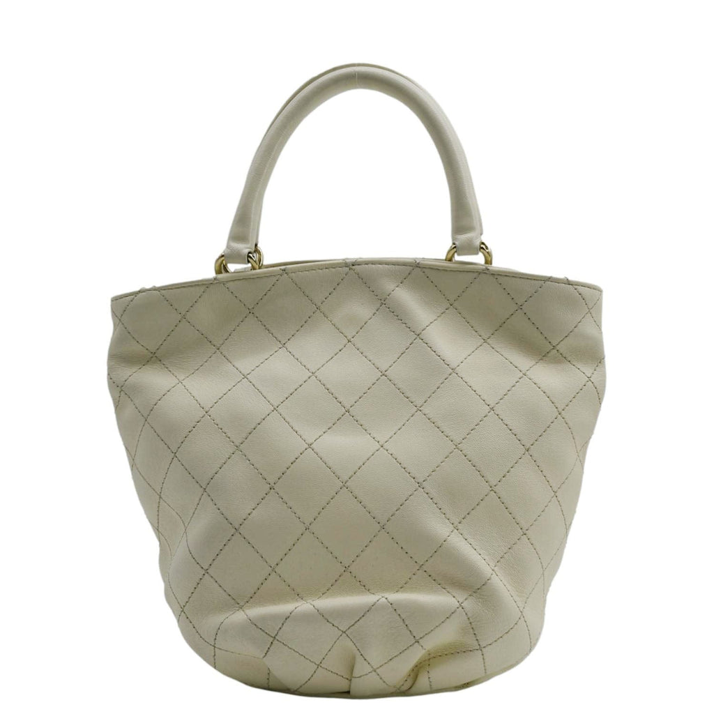 Chanel CC Lock Bucket Stitched Leather Tote Shoulder Bag Off White