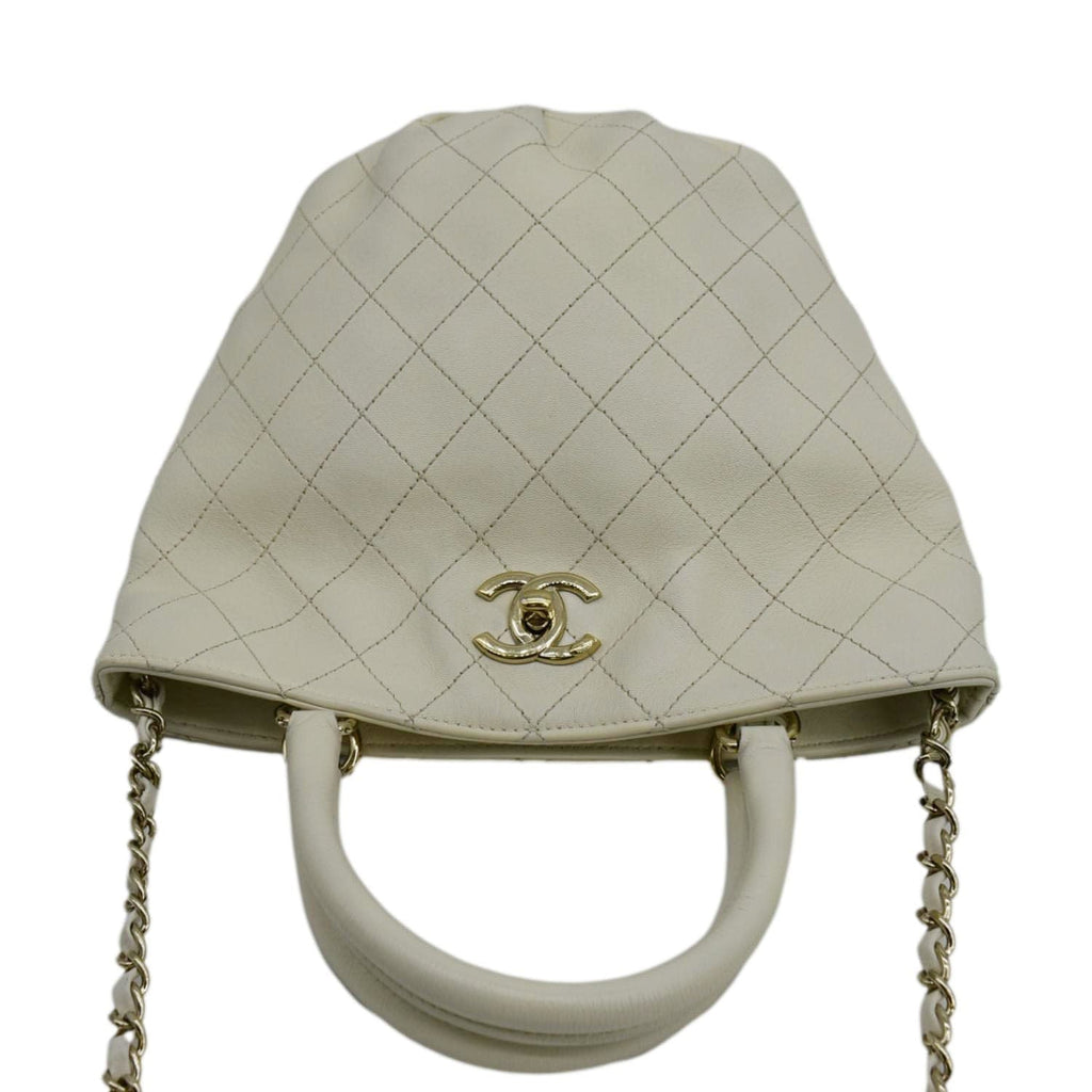 Chanel CC Lock Bucket Stitched Leather Tote Shoulder Bag Off White