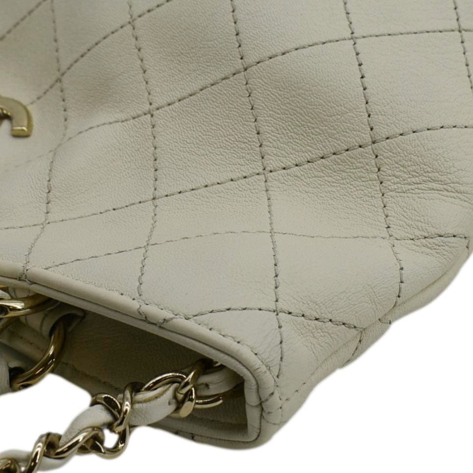 Chanel CC Lock Bucket Stitched Leather Tote Shoulder Bag Off White