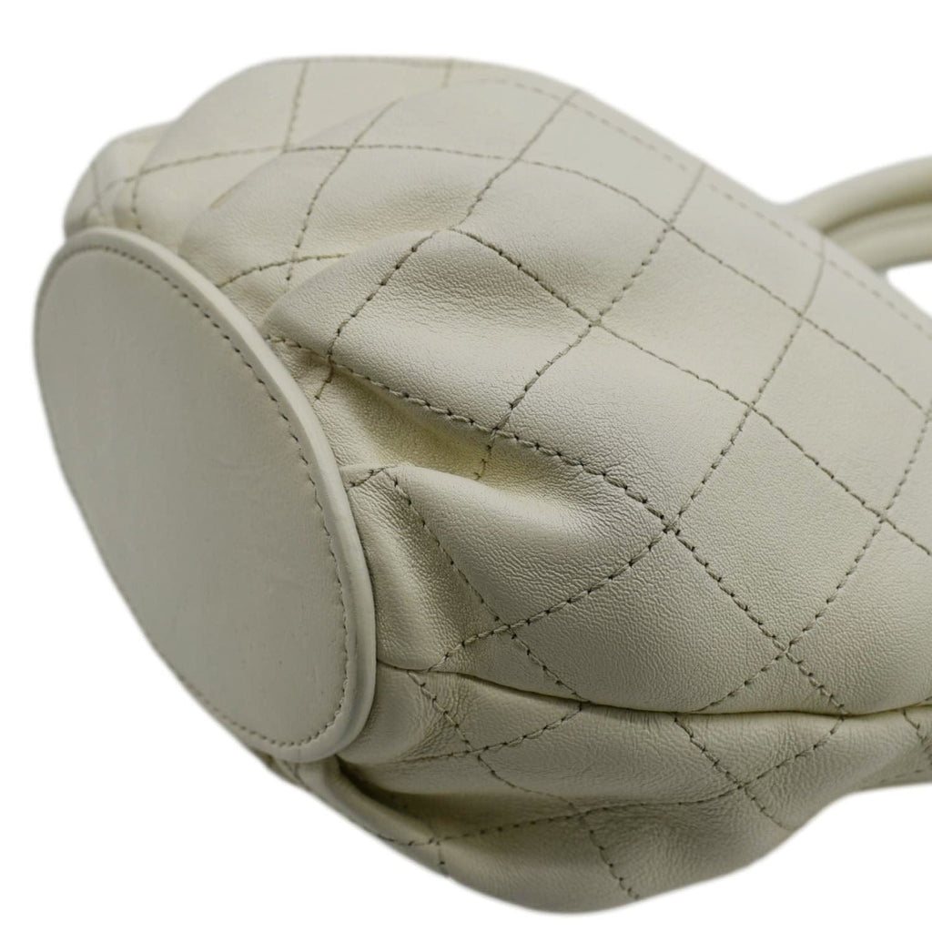 Chanel CC Lock Bucket Stitched Leather Tote Shoulder Bag Off White