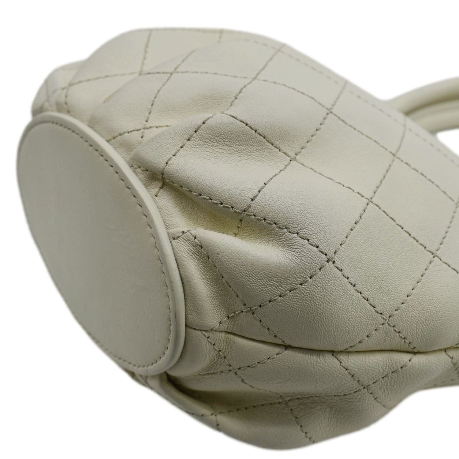 Chanel CC Lock Bucket Stitched Leather Tote Shoulder Bag Off White