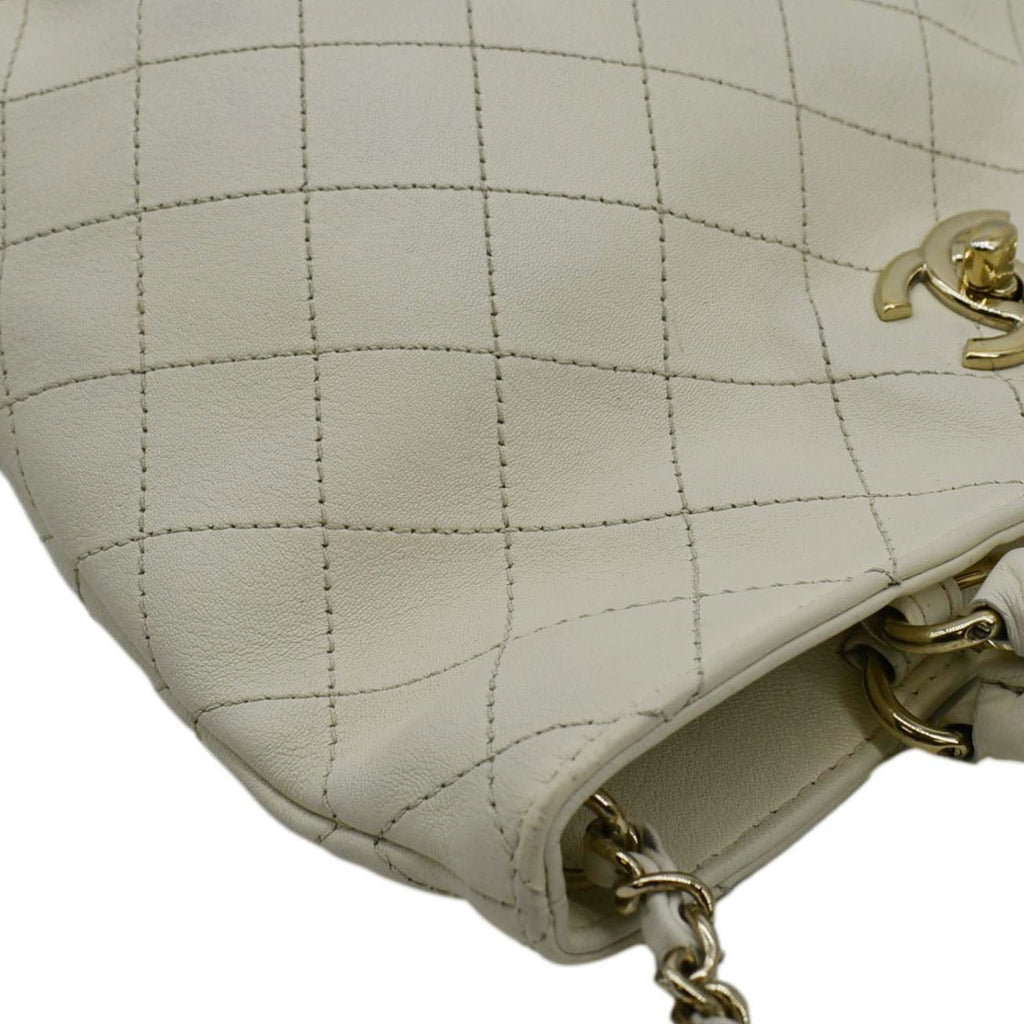 Chanel CC Lock Bucket Stitched Leather Tote Shoulder Bag Off White