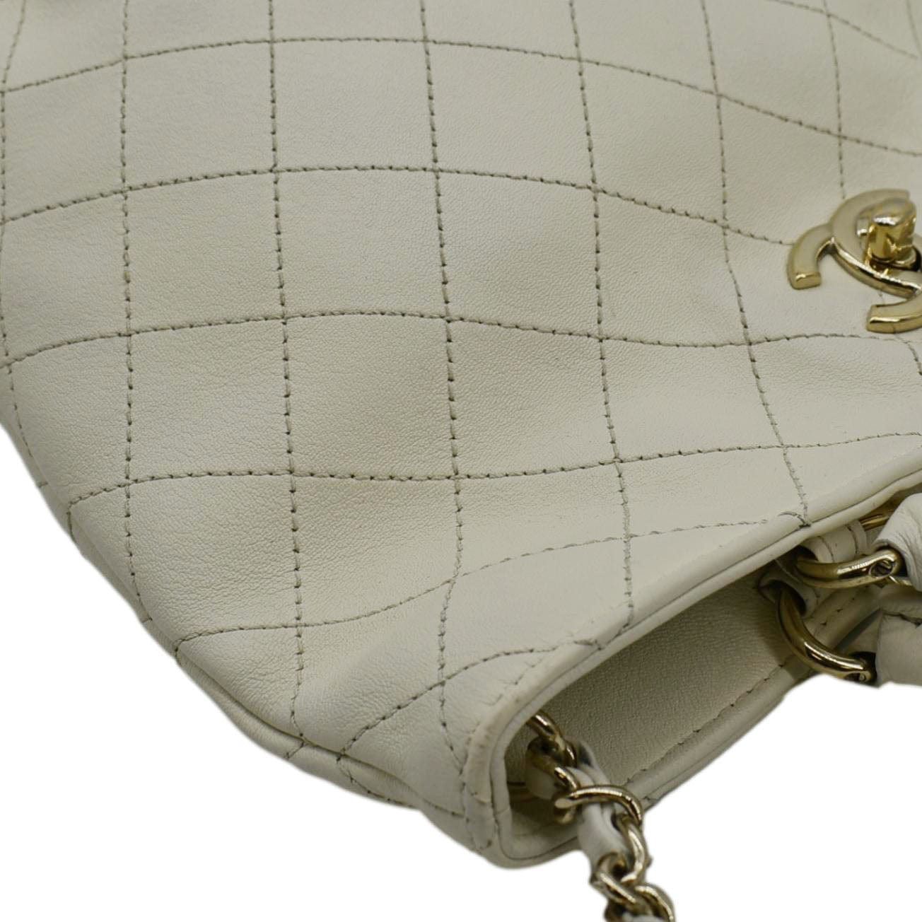 Chanel CC Lock Bucket Stitched Leather Tote Shoulder Bag Off White