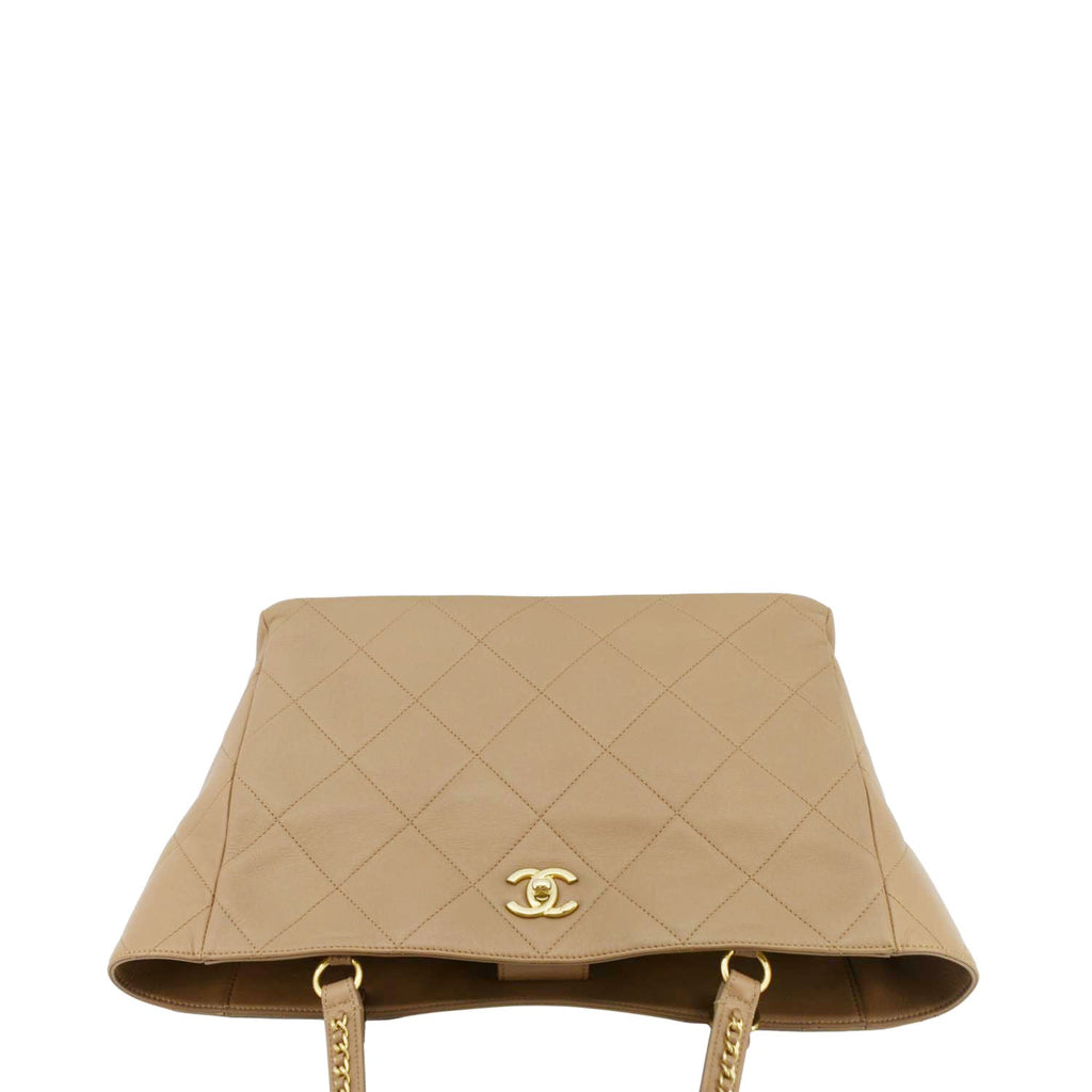 Chanel Quilted Leather Shopping Tote Bag Beige