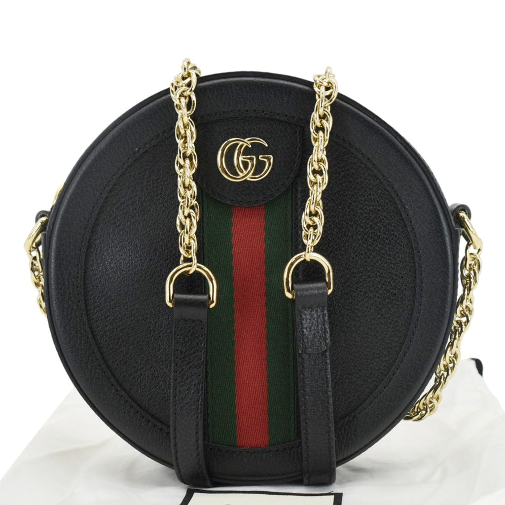 GUCCI Ophidia Mini Gucci Round Web Leather Crossbody Bag Black 550618